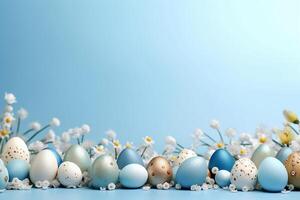 AI generated Assorted eggs and flowers on blue background. photo