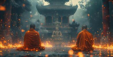 AI generated Buddhist monks engaging near serene Buddha statue. Generative Ai. photo