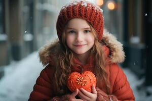 ai generado linda niña participación un brillante rojo corazón en un Nevado. generativo ai. foto