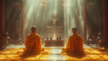 AI generated Buddhist monks engaging near serene Buddha statue. Generative Ai. photo