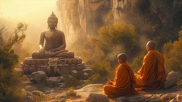 AI generated Buddhist monks engaging near serene Buddha statue. Generative Ai. photo