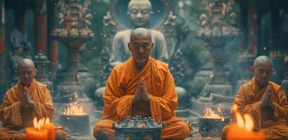 AI generated Buddhist monks engaging near serene Buddha statue. Generative Ai. photo