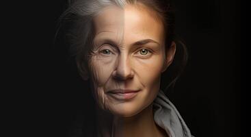 AI generated A portrait split a woman showing old and youth age. Generative AI. photo