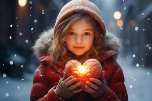 ai generado linda niña participación un brillante rojo corazón en un Nevado. generativo ai. foto