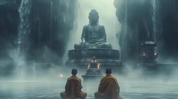 AI generated Buddhist monks engaging near serene Buddha statue. Generative Ai. photo