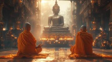 AI generated Buddhist monks engaging near serene Buddha statue. Generative Ai. photo