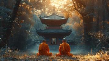 AI generated Buddhist monks engaging near serene Buddha statue. Generative Ai. photo