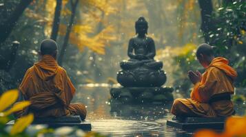 AI generated Buddhist monks engaging near serene Buddha statue in the rain. Generative Ai. photo