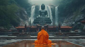 AI generated Buddhist monks engaging near serene Buddha statue in the rain. Generative Ai. photo