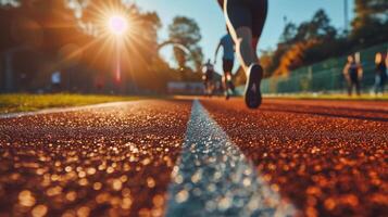 ai generado temprano Mañana correr. corredor en atlético pista. preparación para París olímpico juegos 2024. ai generado foto