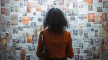 ai generado negro mujer en pie en frente de pared con fotos de histórico mujer. De las mujeres historia. ai generado