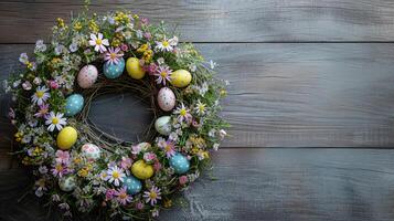 AI generated Easter wreath made of spring flowers, willow twigs, and Easter eggs on wooden surface. AI Generated photo