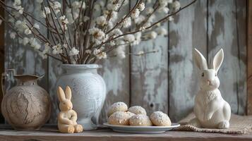 AI generated Easter still life with willow branches, Easter eggs, cookies, and ceramic rabbits. AI Generated photo