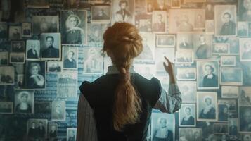 ai generado un mujer en pie en frente de un pared con fotos de histórico mujer. De las mujeres historia. ai generado