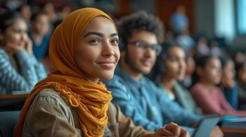 ai generado un vibrante Universidad conferencia salón con estudiantes de varios etnias atractivo en aprendiendo. accesibilidad, diversidad, y igualdad en educación. ai generado foto