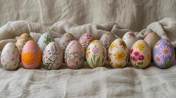 AI generated Easter eggs decorated with natural plant patterns. Natural linen fabric eco background. AI Generated photo