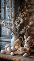 AI generated Easter still life with willow branches, Easter eggs, cookies, and ceramic rabbits. AI Generated photo