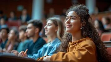 ai generado un vibrante Universidad conferencia salón con estudiantes de varios etnias atractivo en aprendiendo. accesibilidad, diversidad, y igualdad en educación. ai generado foto