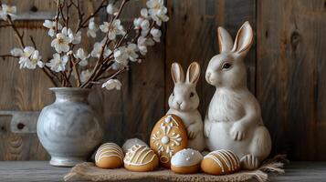 AI generated Easter still life with willow branches, Easter eggs, cookies, and ceramic rabbits. AI Generated photo