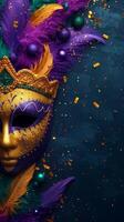 AI generated Mardi Gras Masquerade Banner with copy space. Carnival Mask in purple, green, yellow. AI Generated photo