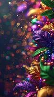 AI generated Mardi Gras Masquerade Banner with beads, feather in purple, green, yellow. Copy space. AI Generated photo