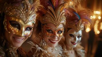 ai generado prodigar mardi gras pelota. invitados en carnaval disfraces y máscaras grandeza y misterio. ai generado foto