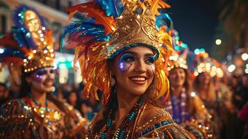 ai generado Noche mardi gras desfile. personas bailando en festivo disfraces y máscaras nuevo orleáns. ai generado foto