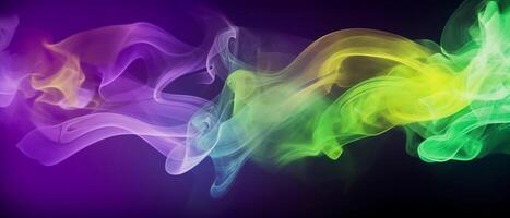 AI generated Purple, green, and yellow puffs of smoke. Mardi Gras colors horizontal background. AI Generated photo