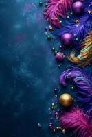 AI generated Mardi Gras Banner with glitter and feather in purple, green, and yellow. Copy space. AI Generated photo