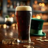 AI generated Dark stout beer in Irish pub with St. Patrick's Day decor, green top hat, gold coins. AI Generated photo