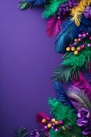 AI generated Mardi Gras Masquerade Banner with beads, feather in purple, green, yellow. Copy space. AI Generated photo