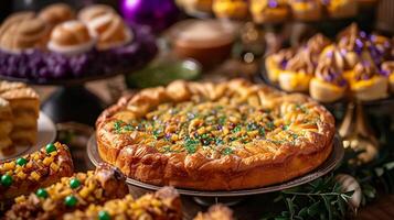 AI generated King Cake with green, yellow, purple decor. Table with traditional Mardi Gras treats. AI Generative photo