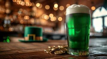 ai generado verde cerveza en irlandesa pub con S t. patrick's día decoración, verde parte superior sombrero, y oro monedas ai generado foto