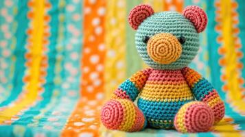 AI generated Crocheted bear toy vibrant backdrop, handcrafted and adorable, Ai Generated photo
