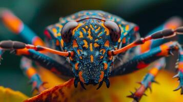 AI generated Close-up of a vibrant bug showcasing intricate patterns and bright colors, mesmerizing, Ai Generated. photo