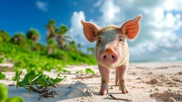 ai generado contenido cerdo salones en el playa, lozano verde plantas enmarcado el sereno escena, ai generado. foto