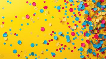 AI generated Vibrant yellow background adorned with colorful confetti in various hues. Festive joy radiates, Ai Generated. photo