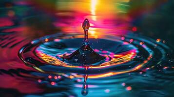 ai generado un soltero agua soltar refracta luz, creando un fascinante lente llamarada o arco iris efecto, ai generado foto