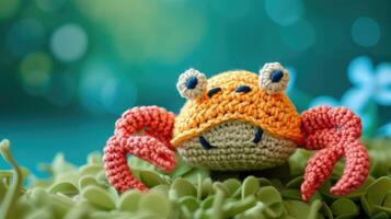 AI generated Crocheted crab toy vibrant backdrop, handcrafted and adorable, Ai Generated photo