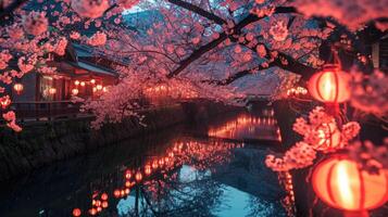 AI generated Cherry blossoms illuminate a night-time festival, creating a magical and enchanting atmosphere, Ai Generated. photo