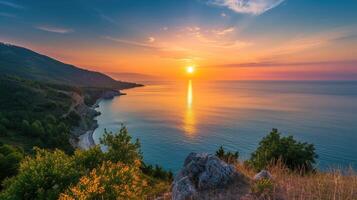 AI generated A beautiful view of Bulgaria's coast at sunrise, painting a serene and tranquil scene, Ai Generated. photo