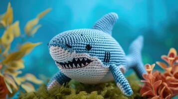 AI generated Crocheted shark toy vibrant backdrop, handcrafted and adorable, Ai Generated photo