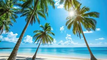 AI generated Coconut palm trees against a blue sky frame a beautiful beach, an idyllic tropical scene, Ai Generated. photo