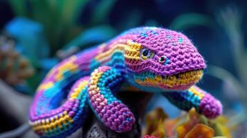 AI generated Crocheted eel toy vibrant backdrop, handcrafted and adorable, Ai Generated photo