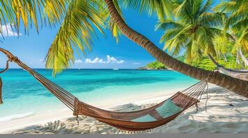 AI generated Serene Caribbean beach adorned with a beautiful hammock, turquoise water, and palm trees, Ai Generated photo