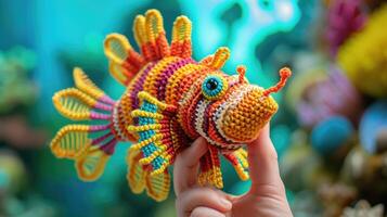 ai generado tejido a ganchillo pez león juguete vibrante fondo, hecho a mano y adorable, ai generado foto