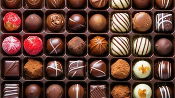 AI generated Assorted rows of delectable chocolate sweets nestled in a charming box. Tempting, Ai Generated. photo