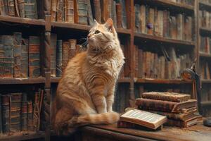 ai generado majestuoso, real gato perchas graciosamente encima un antiguo caoba estante para libros, topografia sus dominio, ai generado. foto