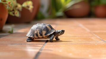 ai generado pequeño Tortuga deambula a través de un loseta piso, sus cáscara reluciente en el ambiente luz, ai generado. foto