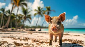 AI generated Small pig stands on the beach, palm trees swaying in the breeze behind it, Ai Generated. photo